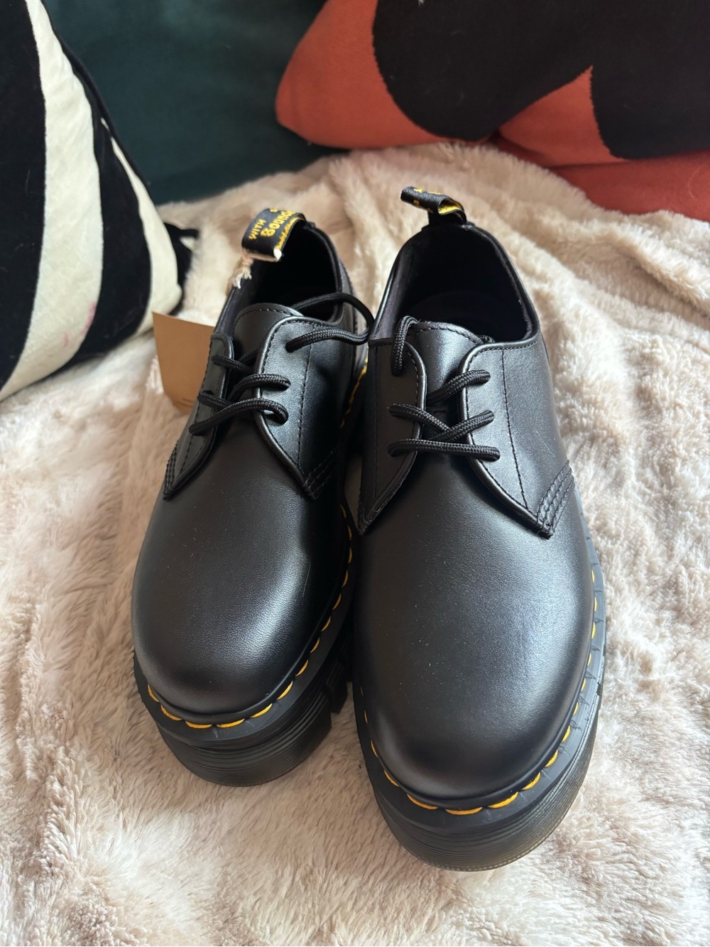 Dr. Martens Black Leather Platform Derby Shoes with Yellow Stitching - Picture 2 of 12